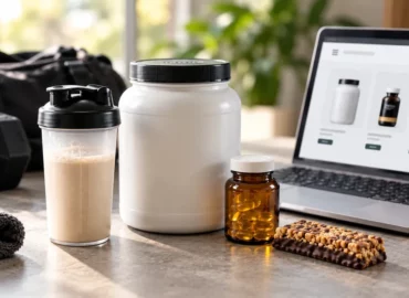 Shaker de whey, pot de protéines, gélules et barre protéinée devant un ordinateur affichant une boutique de compléments en ligne