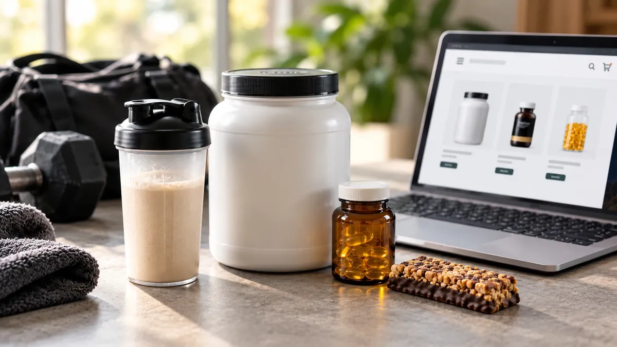 Shaker de whey, pot de protéines, gélules et barre protéinée devant un ordinateur affichant une boutique de compléments en ligne