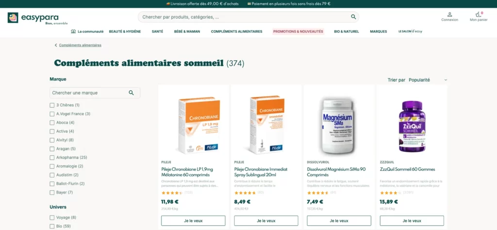 Capture d'écran du rayon Compléments alimentaires sommeil d'Easypara avec des produits à la mélatonine et au magnésium