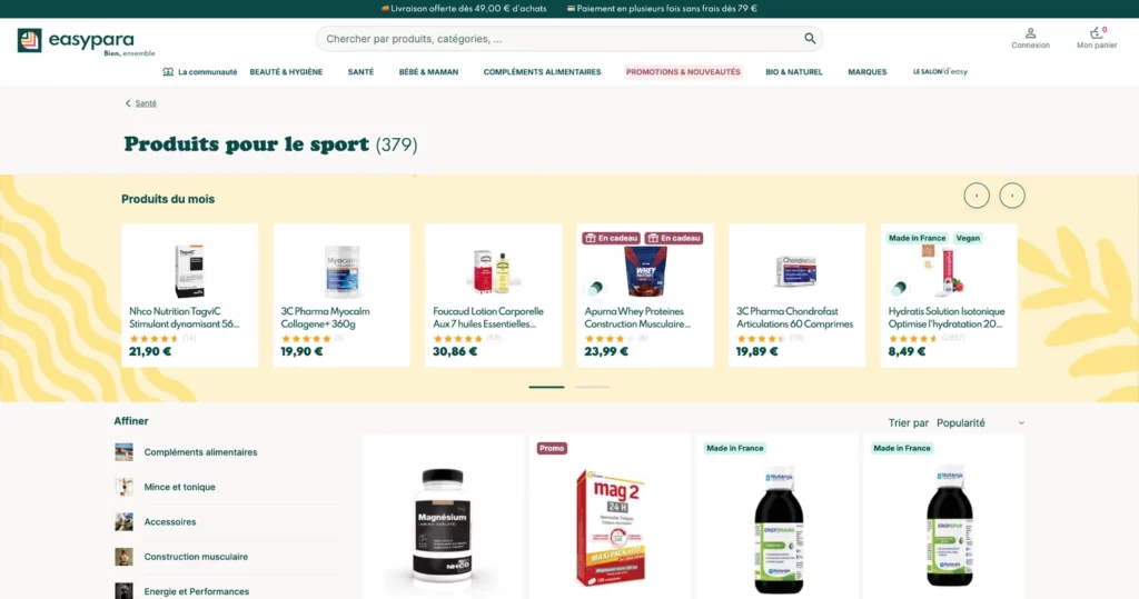 Capture d'écran du rayon Produits pour le sport d'Easypara avec les produits du mois